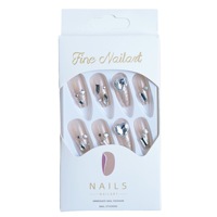 Faux ongles à presser rose nude forme cercueil avec pointes françaises à paillettes argentées et accents de cristaux pour soirées romantiques