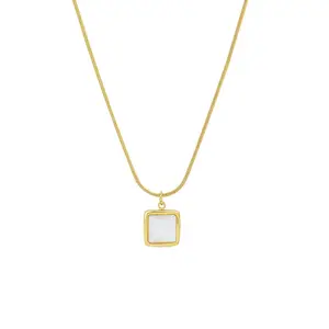Hot Selling Fantastic 18K Gold Plated Stainless Steel Square Shaped White Sea Shell Pendant Snake Chain Necklace For Women