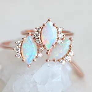 High quality fine jewelry for girl silver sterling 925 diamond marquise cut natural opal precious gemstone jewelry ring