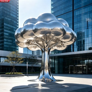 YOUFINE Escultura de Árbol Grande de Acero Inoxidable con Superficie Pintada a Espejo, Estatua Metálica de Árbol con Toldo de Nubes para Decoración de Paisajes de Plazas - Product Image 1