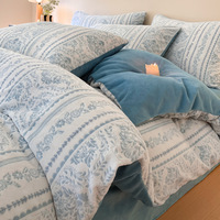 Set selimut beludru susu ukir, Set sprei tujuh potong isi wol dengan selimut bulu karang yang dipertebal, sprei hangat