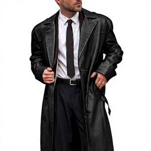 <b>Men</b> Genuine Leather <b>Long</b> Trench <b>Coat</b> Double Breasted Notched Lapel Overcoat With Pockets Regular Fit - Product Image 2