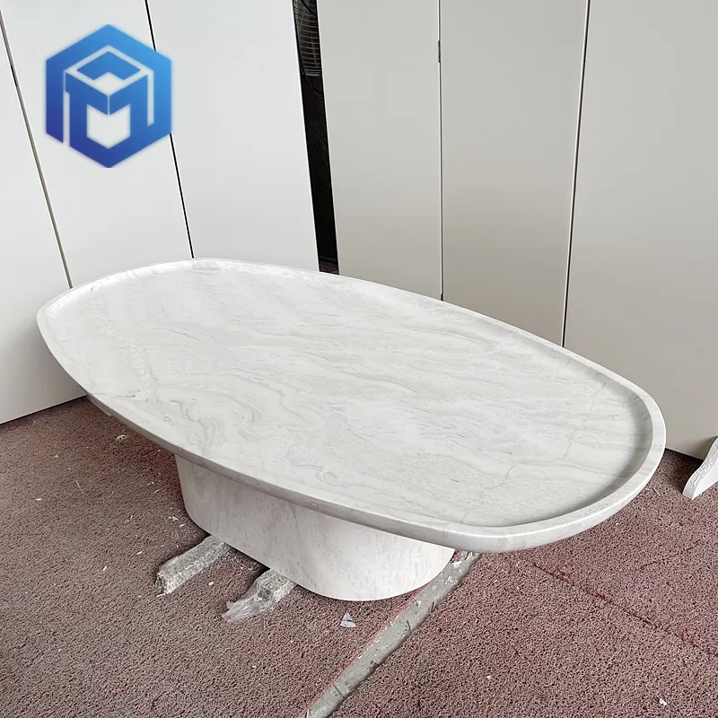 Mesa de centro em travertino branco para móveis de luxo TONGYU em forma oval em mármore italiano