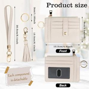 Porte-cartes femme en cuir végétalien tendance avec dragonne à pompon, porte-clés, mini portefeuille fin multi-fentes avec fenêtre d'identification et fermeture éclair, pour voyage - Product Image 4