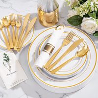 Ensemble de vaisselle jetable en plastique blanc et or, 700 pièces, très résistant, comprenant 200 assiettes, 100 serviettes avec couverts, 100 gobelets