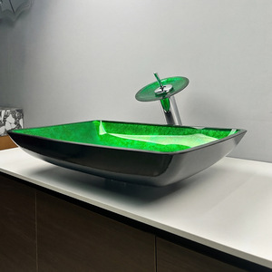 <span class=keywords><strong>Lavabo</strong></span> de Baño Rectangular de Vidrio Templado con un Solo Orificio, Estilo Vintage, Color <span class=keywords><strong>Verde</strong></span>, Marca BOWEIYA - Product Image 4