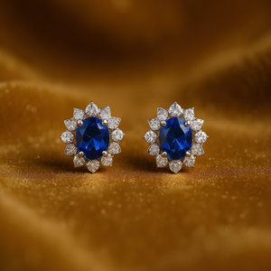 Orecchini a lobo in oro bianco con zaffiri e diamanti taglio brillante rotondo, design floreale, gioielli classici da donna per matrimonio, argento 925 - Product Image 2