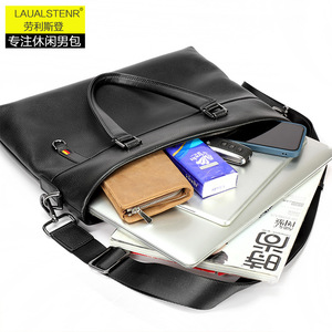 Laulalstern Men's Genuine Leather <b>Briefcase</b> 14 Inch Large Capacity Business Travel Handbag Solid Color Black - Product Image 3