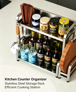 Étagère de rangement de cuisine en acier inoxydable à 2 niveaux, organiseur de condiments, support pour bouteilles et bocaux avec repose-baguettes et cuillères - Product Image 5