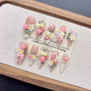 Faux ongles à presser en acrylique certifiés CE, 3D, longs, French rose, pointe moyenne, orchidée, logo personnalisé - Product Image 1