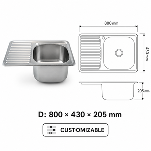 Évier de cuisine moderne carré en acier inoxydable à un seul bac avec égouttoir, installation en montage sur le dessus, surface satinée brossée 2 - Product Image 5