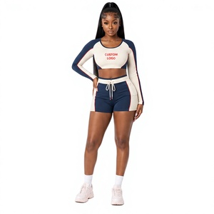 Custom Logo Long Sleeve Crop <b>Top</b> Matching <b>Shorts</b> Set Women's Long Sleeve Crop <b>Top</b> <b>and</b> <b>Shorts</b> 2 Piece Activewear Set Women - Product Image 1