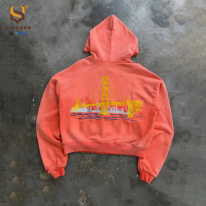 เสื้อฮู้ดดี้ผ้าฝ้ายทรงโอเวอร์ไซส์ ปักลายแบบดิสเทรส สไตล์สตรีทแวร์ ซิปหน้า - Product Image 1