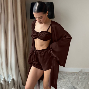 Ensemble de pyjama trois pièces SMOOTH pour femmes, sous-vêtements et shorts à manches longues marron printemps/été pour la maison - Product Image 2