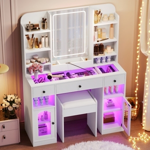 43.2" LED Vanity Desk with RGB <b>Mirror</b> Lights, 5-Drawer <b>Dressing</b> <b>Table</b> with Stool, White MDF & Glass Top <b>for</b> Bedroom - Product Image 1
