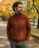 Cardigan Homme Personnalisé 100% Laine à Fermeture Éclair, Col Montant, Motif Torsadé Diamant, Manches Raglan, Automne Hiver