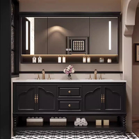 Ensemble de meuble-lavabo de salle de bain flottant en bois massif de style français moderne avec dessus en pierre frittée, miroir LED intelligent et lavabo en céramique