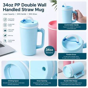Custom logo 22oz 34oz PP Double Wall Water <b>Bottle</b> with Straw Outdoor Camping Party Trucker Mug with Handle - Product Image 4