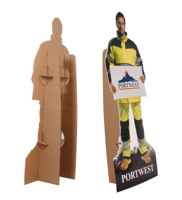 Présentation de carton imprimé en forme humaine, carton de taille réelle, découpes de film, papier ondulé