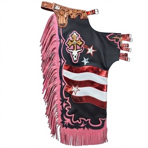 Gilet sans manches pour femme Western Rodeo Chaps, en cuir pleine fleur rose, avec applique à franges, motif croix et crâne de taureau, longueur intégrale, ceinture intégrée - Product Image 1