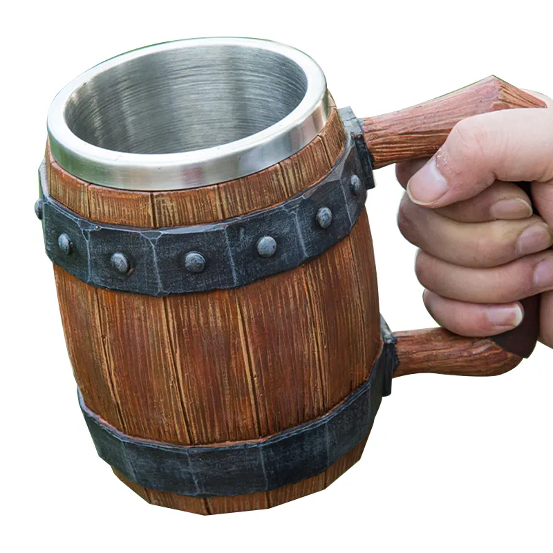 Caneca vintage com 22oz, barril de cerveja medieval de aço inoxidável com cascata de madeira