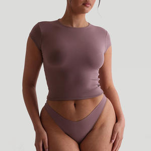 2025 गर्मियों में महिलाओं की फसल शीर्ष सांस लेने योग्य फिटनेस कैप आस्तीन हल्के स्ट्रेची नरम क्रेवनेक फिट बेबी - Product Image 4