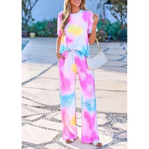 Women's <b>Tie</b> Dye Pajama Set Short Sleeve Knitted Lounge Wear Sleepwear Outfit Spring Summer 2 Piece Soft Comfortable Matching Set - Product Image 3