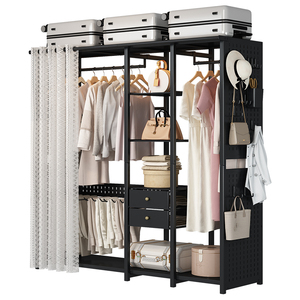 Organisateur de placard métallique autoportant, penderie ouverte <span class=keywords><strong>avec</strong></span> rideaux, tiroirs, panneau perforé, étagère modulaire pour vêtements, pour chambre à coucher - Product Image 1