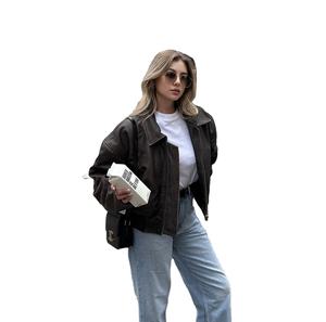 เสื้อโค้ทแจ็คเก็ตนักขี่จักรยานสำหรับผู้หญิงเสื้อโค้ทแฟชั่นย้อนยุคสีทึบแข<span class=keywords><strong>น</strong></span>ยาวมีซิป - Product Image 2