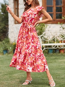 Abito Midi Floreale Monospalla con Volant da Donna, Stile Europeo Americano, Vita Sottile con Laccetti, Orlo a Balze a Strati, Vestito Estivo Casual - Product Image 3