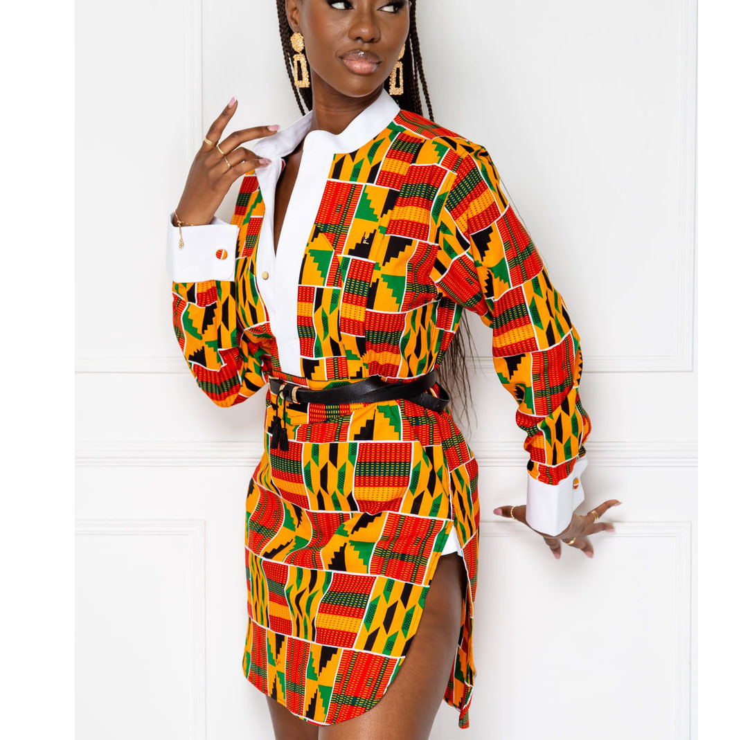 African Kitenge Linen Shirt Dress V-Neck A-Line Style