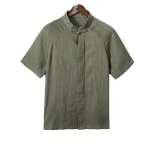 2023 summer new Chinese style cotton and linen men's retro trend wood button short sleeve shirt