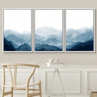 Lot de 3 tableaux encadrés sur toile, peintures abstraites de montagnes bleues à l'aquarelle, impressions d'art minimaliste moderne pour l'hôtellerie