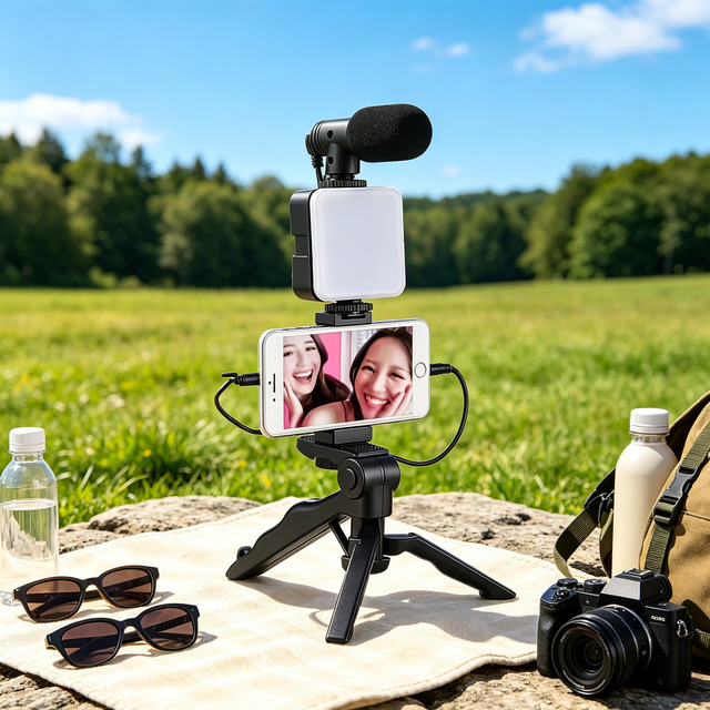 Huyo Plastic Tripod Holder Vlogging Kit with LED Fill Light for Microphone External Microphone for Video Equipment