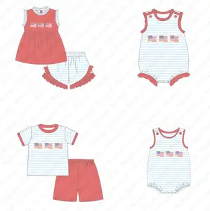 OEM wholesale children boutique clothing set baby toddler patriotic dress kids smocked applique matching outfits