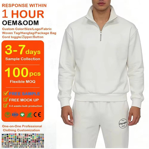 Personnalisé en gros col montant coton polyester quart fermeture éclair pull hommes 1/4 Zip lourd décontracté blanc brodé sweats - Product Image 1