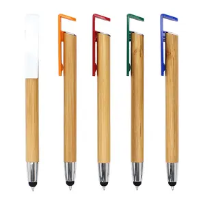 PROMSIGNAL E20355-I Caneta stylus de bambu natural ecológica com suporte para telefone, logotipo personalizado promocional de alta qualidade