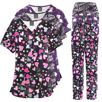 Ensemble de blouses de travail unisexe en tissu Dobby polyester imprimé dessin animé à col en V, pour SPA, salon de beauté, infirmière, uniforme médical, deux pièces, ODM