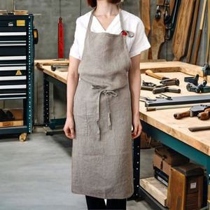 Tablier de cuisine en lin de qualité supérieure, nouveau style coréen et japonais, robuste, long, uni, lavable, pour le nettoyage de la taille - Product Image 2