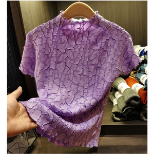2025 nouveau T-<span class=keywords><strong>Shirt</strong></span> à manches courtes brodé <span class=keywords><strong>violet</strong></span> pour femmes 3D motif formel col rond Style froissé - Product Image 1