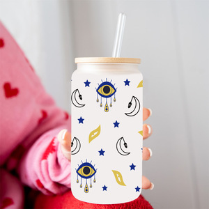 Transferts DTF pour gobelets 16oz motif œil porte-bonheur rose, autocollants DTF motif cœurs violets et chauves-souris - Product Image 2