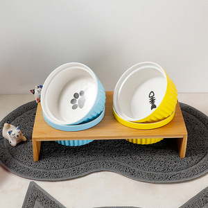 Ceramic <b>Cat</b> Bowls With Bamboo Stand Elevated Double Feeding Set For <b>Cats</b> And Dogs Pet Food Water Dish <b>Feeder</b> - Product Image 3
