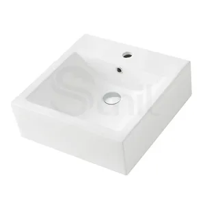 Pia de lavatório de mão em porcelana branca de 45 cm com design de logotipo personalizado, pia de cerâmica retangular para banheiro e mesa, arte