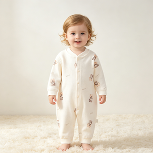 Mameluco de Manga Larga <span class=keywords><strong>para</strong></span> Bebé con Estampado de Oso, 100% Algodón Suave y Transpirable, Cierre de Broches Delanteros, Traje de Una Pieza <span class=keywords><strong>para</strong></span> Dormir y Jugar - Product Image 1