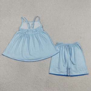 GSSO3418 rts Conjunto de verano sin mangas para niña, con estampado a cuadros azules, para niñas pequeñas y activas, venta al por mayor - Product Image 2
