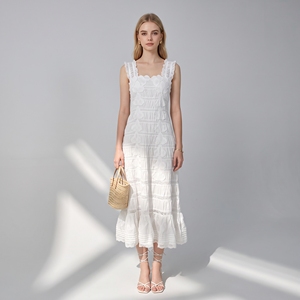 Abito Estivo Casual Bianco da Donna OEM Hot Sale, Nuovo Abito Smoking <span class=keywords><strong>Midi</strong></span> in <span class=keywords><strong>Cotone</strong></span> Eco-Friendly con Ricamo a Occhiello Naturale - Product Image 1