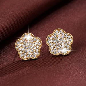 Boucles d'oreilles à fleurs en or rose E4532, avec strass en cristal rond, bijoux classiques en alliage pour femmes - Product Image 6