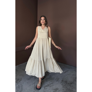 Vestido Maxi Casual Beige Holgado con Volantes y Lazos en la Espalda para Mujer Talla S - Product Image 4