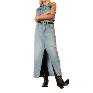 Jupe longue en jean personnalisée à fente avant, taille haute, en coton de haute qualité, bleu délavé, style vintage, pour femme - Product Image 2