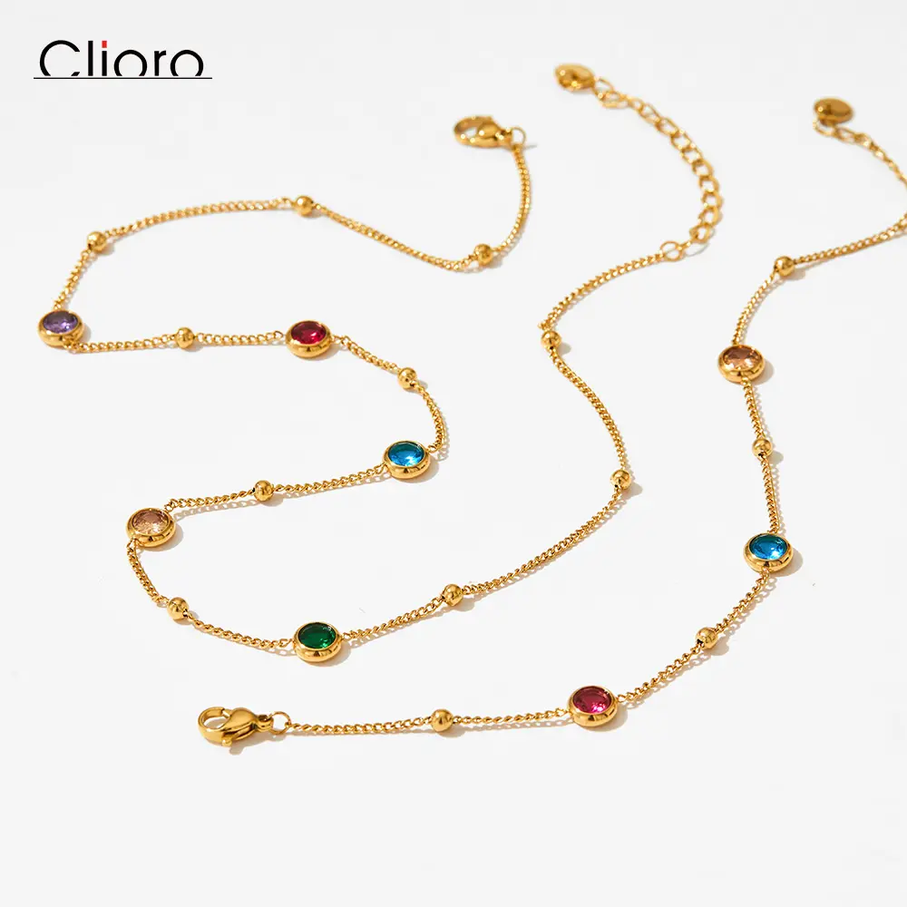Chaîne torsadée couleurs flamboyantes breloque Zircon plaqué or en acier inoxydable Bracelet collier ensemble de bijoux pour femmes
